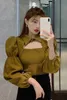 Chic Solid Korean Sweet Women Shirts Hollow Out Puff Sleeve Blouse Fashion Pleated Stretch Cropped Blusas Mujer 210519