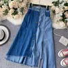 Ins Contrasting Color Stitching Fashion Irregular High Waist A- Line Split Denim Skirt Women Elegant Harajuku M518 210527