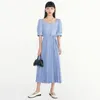 [EAM] Women Buttons Sashes Backless Pleated Dress Square Neck Puff Short Sleeve Fit Fashion Spring Summer 1DD8301 210512