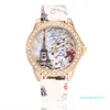 Whoesale Tour Eiffel Fleurs Impression Strass En Cuir Montres Femmes Dames Étudiants Robe Loisirs Casual Montres Horloge