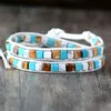 Femmes en cuir haut de gamme mélange pierres naturelles 2 brins bracelets d'enveloppement Vintage tissage perle Bracelet goutte