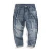 Männer Jeans zerrissene Männer blaue Stretch Capris Hosen trendige gedruckte Muster zerstört Hip Hop geschnittene Hose Baggy Harem