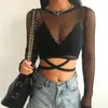 Kadın T-Shirt 2021 Moda Kadın Örgü Goth Fishnet Tops Seksi Bandaj Uzun Kollu Kırpma Yaz Giyim Tops