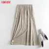 Tangada Kvinnor Beige Bomull Linen Midi Skirt Faldas Mujer Vintage Strethy Waist Office Ladies Elegant Chic Mid Calf Skirts 4c123 210609