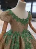 2021 Bling Gold Sequined Lace Flower Girls Klänningar För Bröllop Sequins Green Appliques Pärlor Korta Ärmar Korsett Tillbaka Barn Födelsedag Tjej Pagant Klänningar