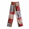 2021 New Spring Women Patchwork Printing Satin Straight Pants Casual Lady Loose Trousers P Q0801