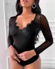 Frühling Sommer Frauen Sexy Wimpern Spitze Aushöhlen Bodysuit Damen Solide V-ausschnitt Body Top Patchwork Overall Femme Neue Strampler 210415