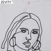Zevity Femmes Simplement Beauté Tête Sculpture Appliques Casual Slim Blanc T-shirt Femme Chic De Base À Tricoter D'été Tops T692 210603