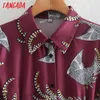 Tangada Moda Kadınlar Kuş Baskı Gömlek Elbise Slash Vintage Uzun Kollu Ofis Bayanlar Midi Elbise XN108 210609