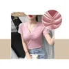 Sommar Koreansk stil Modal Bomull Kort T-shirt Sexig Solid V-Neck Drape Loose Women Tops Sleeve All Match Tees T13027A 210421