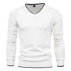 Män Hösttröja V-Neck Pullovers Fashion 100% Bomull Solid Färg Långärmad Slim Tröjor Män Navy Knitwear 210813