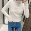 TRAF Women Fashion Soft Touch Cropped Knitted Sweater Vintage High Neck Long Sleeve Female Pullovers Chic Tops 210415