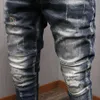 Fashion Streetwear Men Jeans Slim Fit Elastic Destroyed Ripped Denim Trousers Painted Spliced Designer Hip Hop Punk Biker Pants 211011