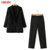 Tangada Femme Set Women Work Costume 2 pièces Ensemble Femme Collier Noix Jacket Femme Blazer Pantalons Sets DA110 210609