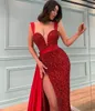 Sparkly Sequined Red Evening Dresses with Deep V Neck Pleats Long Sleeves Mermaid Prom Dress Dubai African Party Gown Sweet 16 Dresses