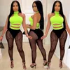 Women Nightclub Clothing Two Piece Pants Set Hollow Out Crop Top Mesh Perspective Outfits Set Sexy Clubwear Ladies Suit Plus Size Clothes