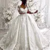 Robe de bal robe de mariée décolleté en coeur fleurs faites à la main fleurs 3D manches longues bouffantes étage longueur robes de mariée