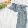 Biały Wysoki Talia Dżinsy Spódnice Elastyczne Kobiety Denim Mini Kobiet Kieszenie Seksowna A-Line Casual Ruffles Kobieta 6144 50 210510