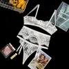 Ondergoed Vrouwen Set 3 Stuks Kant kijken door BRALETTE BH en Panty Set met ribbelband Hollow White Underwear Sexy Open Cup X0526