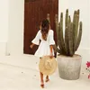 Sexy V-Neck Summer Beach Dress White Cotton Tunic Women Beachwear Bikini Cover-ups Sarong plage Bathing Suit Cover Up Q840 210420