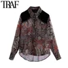 TRAF женская мода полупрозрачная металлическая резьба напечатана бархатные блузки старинные с длинным рукавом шпильки женские рубашки шикарные вершины 210415