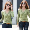 Jesień Ubrania Koreański Biuro Lady Style Slim Plus Koszule Bawełniane V-Neck Solid Color Koszulka Damska Z Długim Rękawem Top Kobieta 10638 210518 \ t