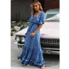 Teelynn Maxi Jurken voor Dames Rayon Blue Floral Print Sexy Deep V-NCEK Boho Zomerjurken Losse Hippie Lange Drvestidos X0621