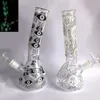 8" Glow In the Dark glass water bong Skull Print Beaker Base Hookah Water Pipe 14mm Bowl