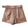 Herbst und Winter Mode Allgleiches Pu-Leder Hohe Taille Dünne Breite Bein Hosen Casual Hosen Shorts mit Gürtel Frauen 210507