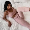 Kvinnor Fluffy Two Piece Set Lounge Sexig tröja Sticka Tank Crop Top och Byxor Casual Soft Comfort Bra Outfits Homesuit 2020 Y0625