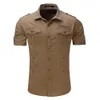 Men's Shirt Short Sleeve Cargo Shirt Fashion Casual Summer Uniform Military Style Cotton Solid Male Casual Shirt Khaki Grey 210518