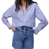 Camicie e camicette da donna Camicetta femminile Top Manica lunga Casual Blu Colletto rovesciato Stile OL Camicia a righe corta allentata 210510