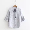 Women Polka Dot Stand Collar White Blue Bow Flare Sleeve 3/4 Three Quarter Chiffon Shirt Blouse B0081 210514