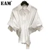 [Eam] Mulheres Branco Tamanho Grande Plissado Curto Blusa Lapela Bat Sleeve Solta Cabeça Camisa Moda Primavera Verão 1d7149 210512