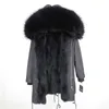 Manteau de fourrure véritable veste d'hiver femme longue parka imperméable grand col de raton laveur naturel capuche épaisse doublure chaude 210928