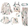7PCs Silk Women Lingerie Camisole Print Shorts Pant Pajamas Blindfold Sleepwear Pijams Set Home Cloths For Ladie All Day pyjama Q0706