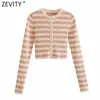 Women Fashion O Neck Striped Print Short Knitted Sweater Coat Female Chic Long Sleeve Cardigans Slim Crop Tops SW811 210420