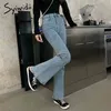 Syiwidii High Waisted Stretch Flare Jean Denim Pants Back Slit Casual Korean Spring Blue Skinny Bell Bottom Trousers 210809