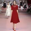 Créateur de mode été robe rouge femmes manches courtes dentelle Patchwork taille haute ceintures élégante fête Midi 210524