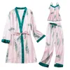 Kvinnor pyjamas 3 stycken silkeslen satin sömnkläder Japan stil kimono set sexig hemkläder sömn lounge pyjamas underkläder underkläder Q0706