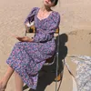 Vintage Kwiatowy Druku Summer Sukienka Kobiety Jesień Sexy Backless Bandaż Beach Szyfonowy Wakacje Long Robe Ete Femme 210514