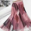 Весенние женщины сладкие сетки юбка с высокой талией девушки из панелей длинные юбки с линией плиссированные фалды для падения 210601