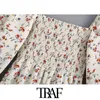 TRAF Women Chic Fashion Floral Print Smocked Midi Dress Vintage Square Collar Long Sleeve Side Slit Female Dresses 210806