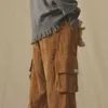 Qweek Japanse Streetwear Corduroy Pant Vintage Bruin Cargo Pockets Oversized Koreaanse stijl Wide Leg Broek Vrouw 210915