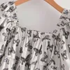 Zoete vrouwen vierkante kraag blouse zomer mode dames bladerdeekos losse vrouwelijke vlinder afdrukken stapel korte top 210515