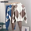 Gigogou Geomatric Sticka 2 stycksats Kvinnor Tröja Tracksuiter Höst Turtleneck Pullovers Top + Harem Byxor Passar Jacka 211221