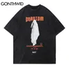 Tshirts Hip Hop Distressed Middle Finger Ghost Streetwear Tees Shirts Harajuku Hipster Casual Cotton Short Sleeve Tops 210602