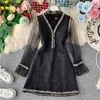 Küçük Koku Yarım Yüksek Boyun Patchwork Dantel Elbise Bel Kalça Flare Sleeve Vestido Parti Tüvit A Hattı Yelek Ropa Sonbahar 210422