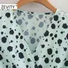 Kobiety Elegancki Krzyż V Neck Tie Dye Dots Drukowanie Koronki Mini Dress Kobieta Smoking Puff Sleeve Casual Kimono Vestido DS4633 210420