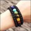 Strängar armband rinhoo 1pc svart vulkaniska stenpärlor colorf sju chakras läder repkedja armband för kvinnors modesmycken gåva bea